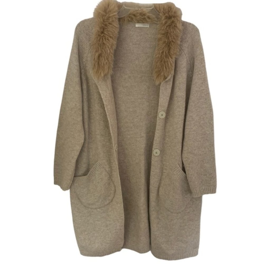 UCHUU Beige Wool Knit Cardigan With Fur Collar